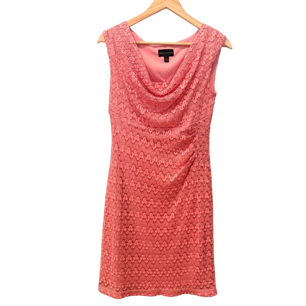 Connected Apparel Womens Coral Pink Crochet Lace‎ Cowl Neck Ruched Dress 6 Y2K